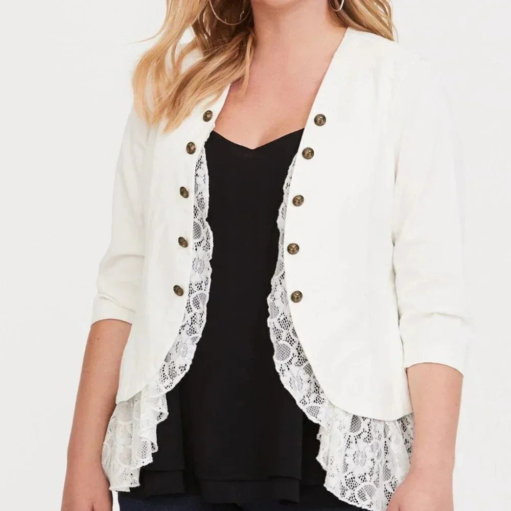 Torrid Twill Lace Peplum Button Jacket Coat Ivory Cream Plus Size 2X